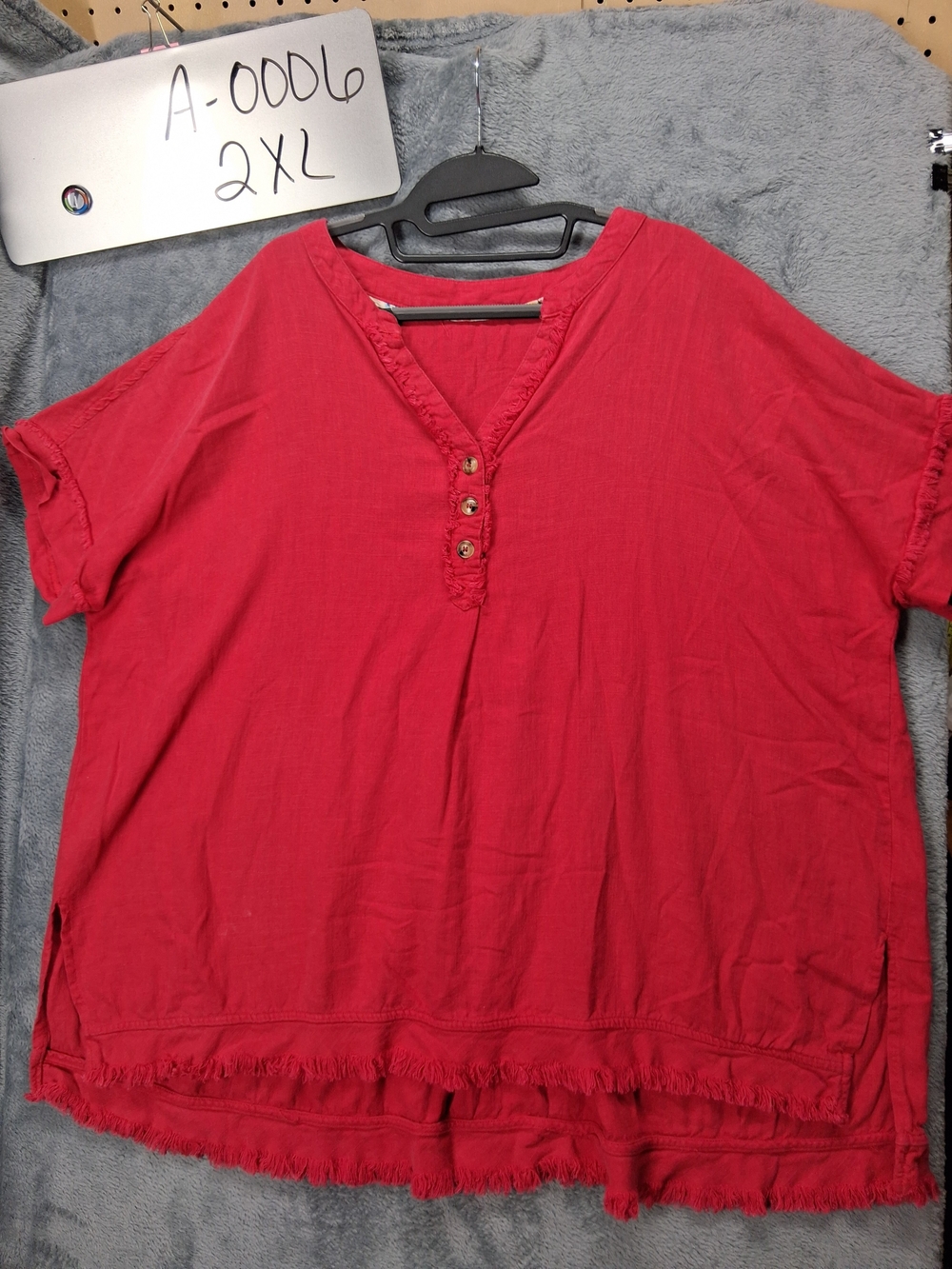 Women’s Red V-Neck Linen Blend Tunic Top